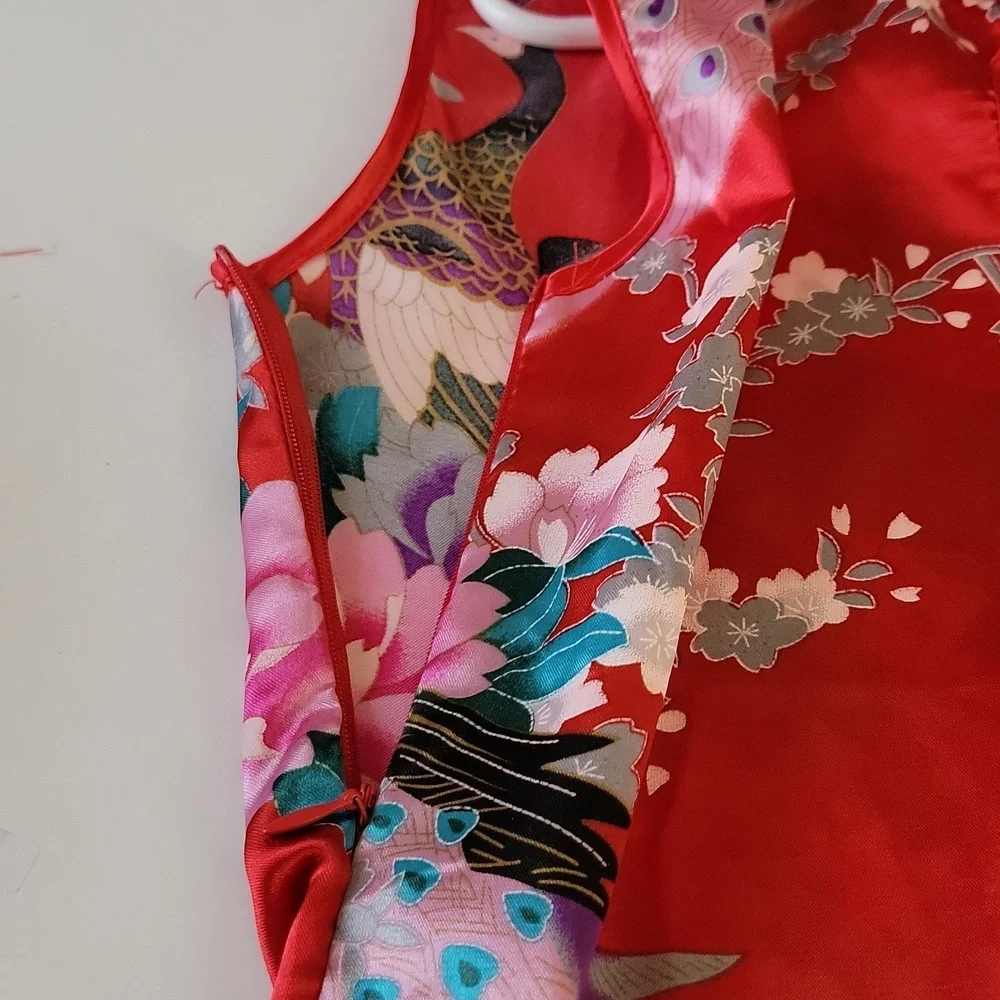 Wudiemi Chinese Peacock Sleeveless Dress Mandarin Collar Red Pink Size 8/10